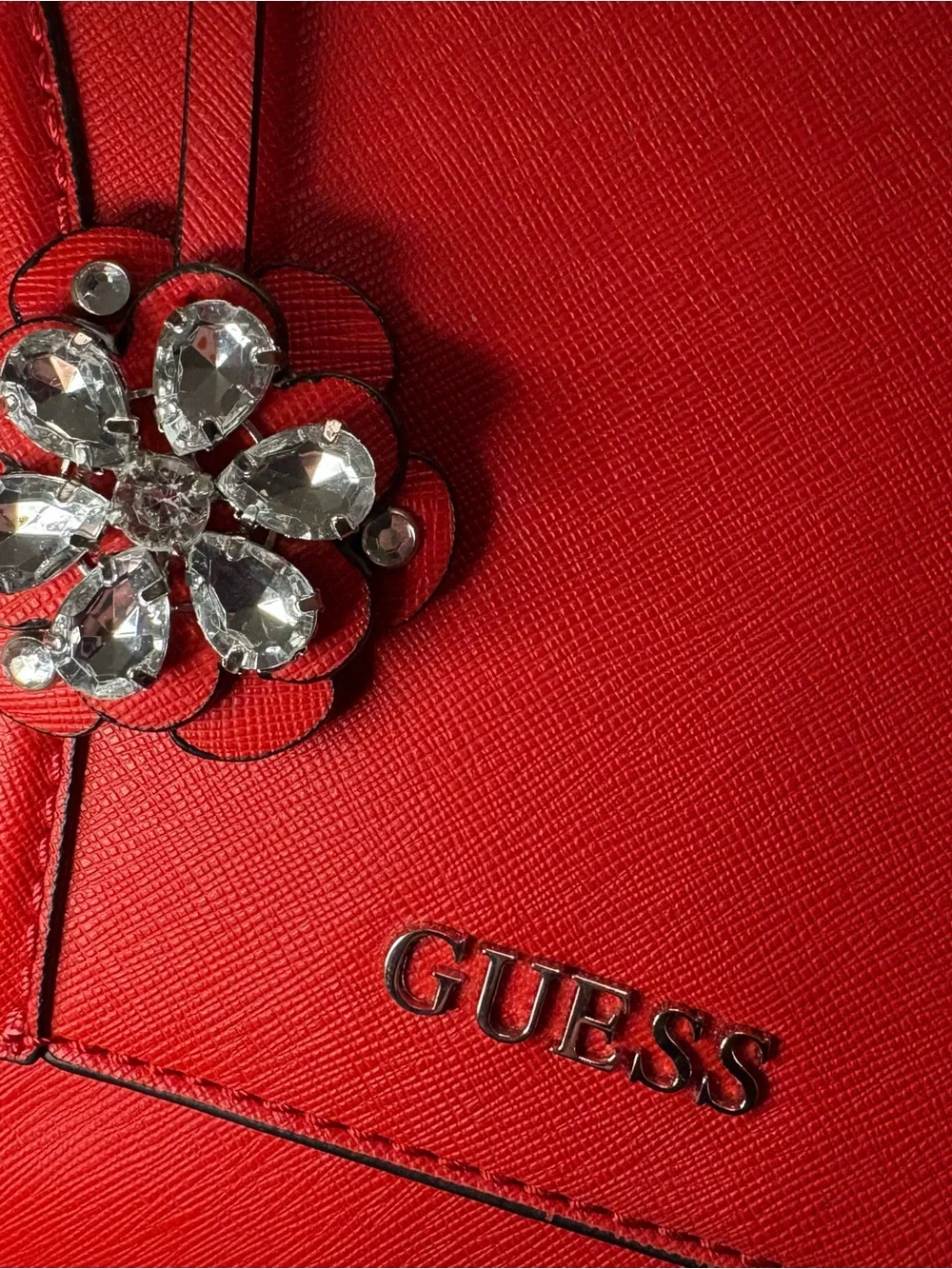 GUESS Red Structured Satchel with Crystal Flower Charm